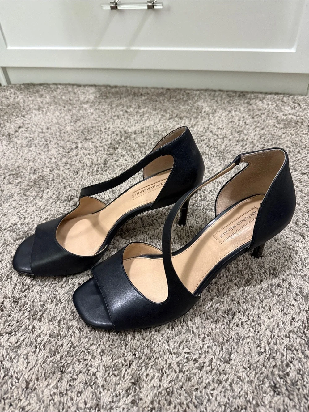 ANTONIO MELANI Black Leather Crisscross Open-Toe Heels